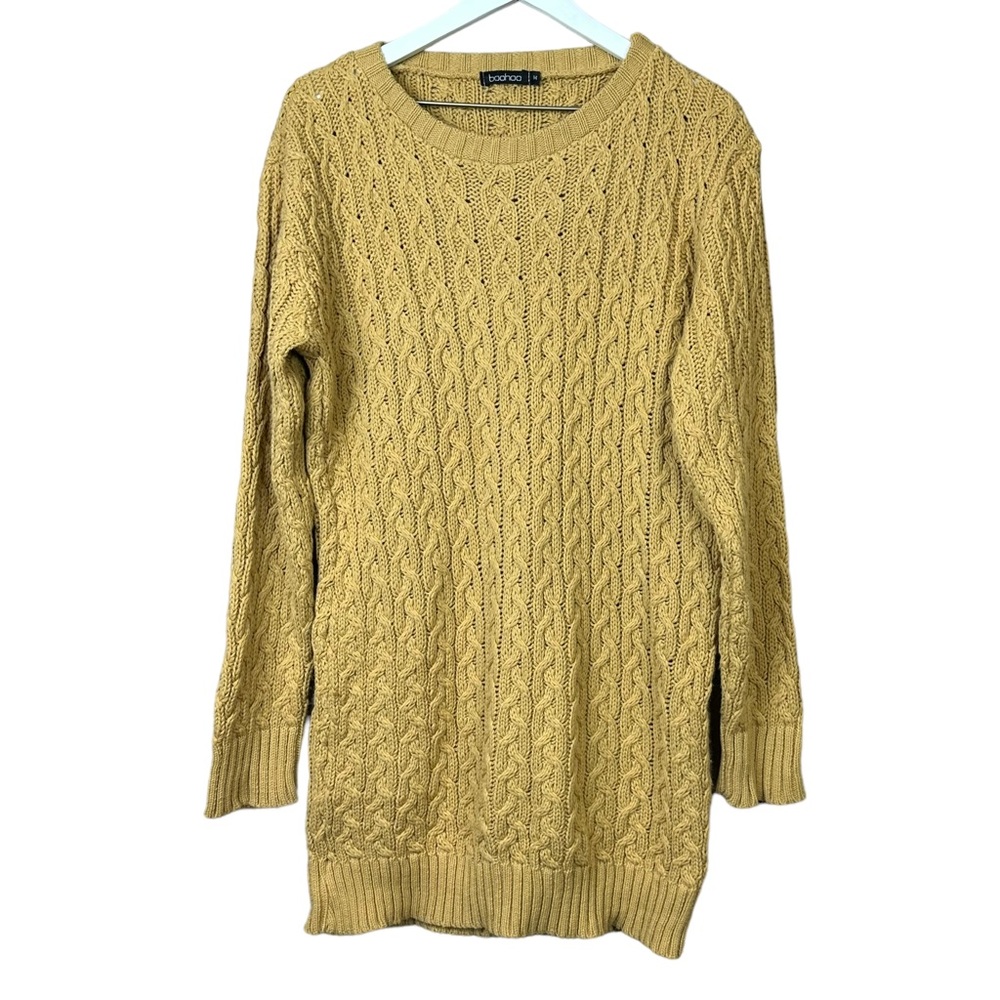 Boohoo Mustard Gold Cable Knit Crewneck Sweater Dress Oversized Tunic Women Sz M